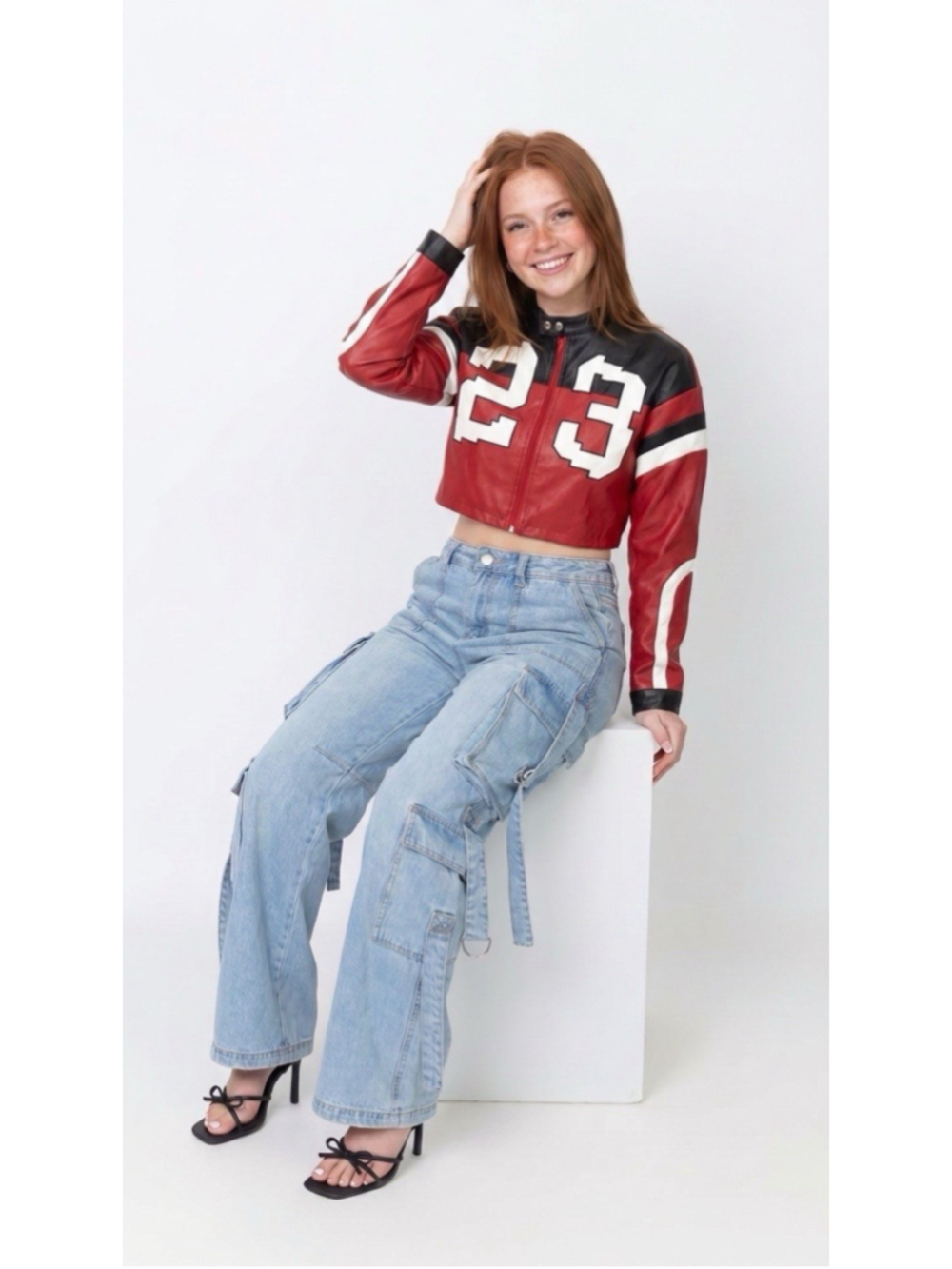 Red and Black Faux Leather Varsity Cropped Moto Jacket. #23. Size XL